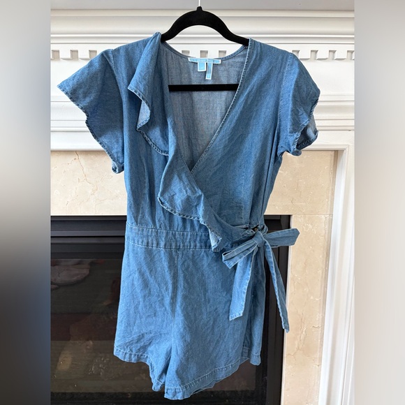 Draper James Pants - Draper James Denim Blue Wrap Romper with Ruffle Trim